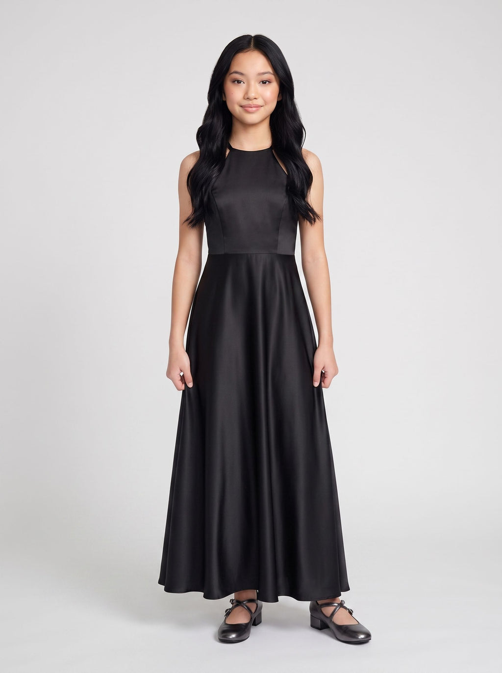 Black Satin A-Line Scoop Neck Back Zip Floor-Length Dress with Pockets