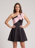 Black Satin A-Line One Shoulder  Back Zip Short Dress with Pleated Skirt