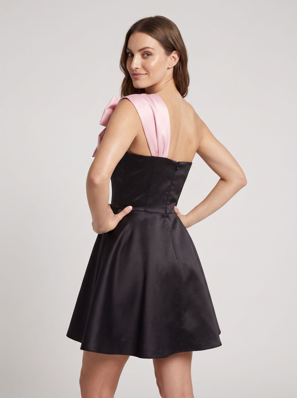 Black Satin A-Line One Shoulder  Back Zip Short Dress with Pleated Skirt
