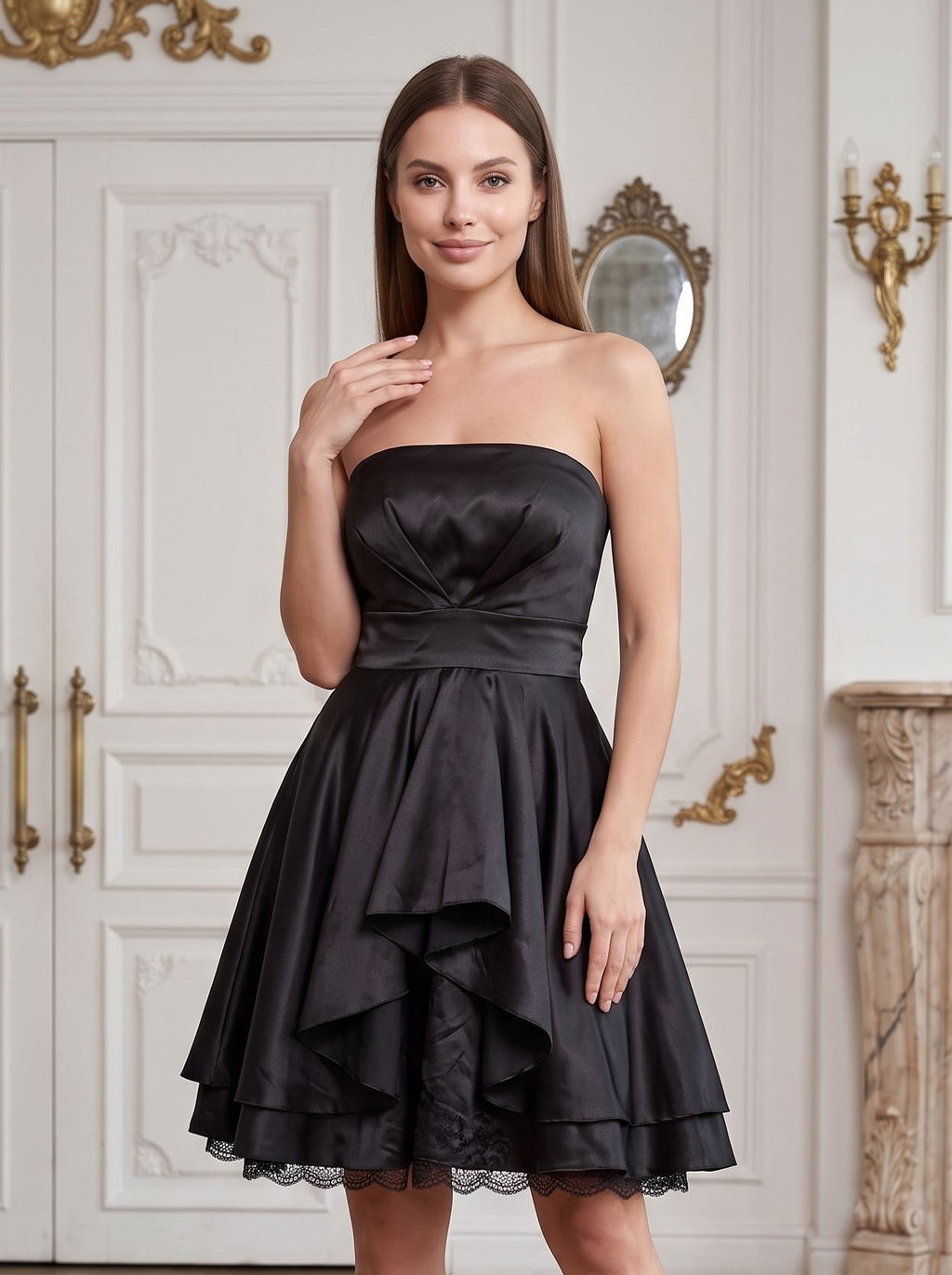 Black Satin A-Line Straight Neck Back Zip Short Dress with Pleating