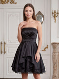 Black Satin A-Line Straight Neck Back Zip Short Dress with Pleating
