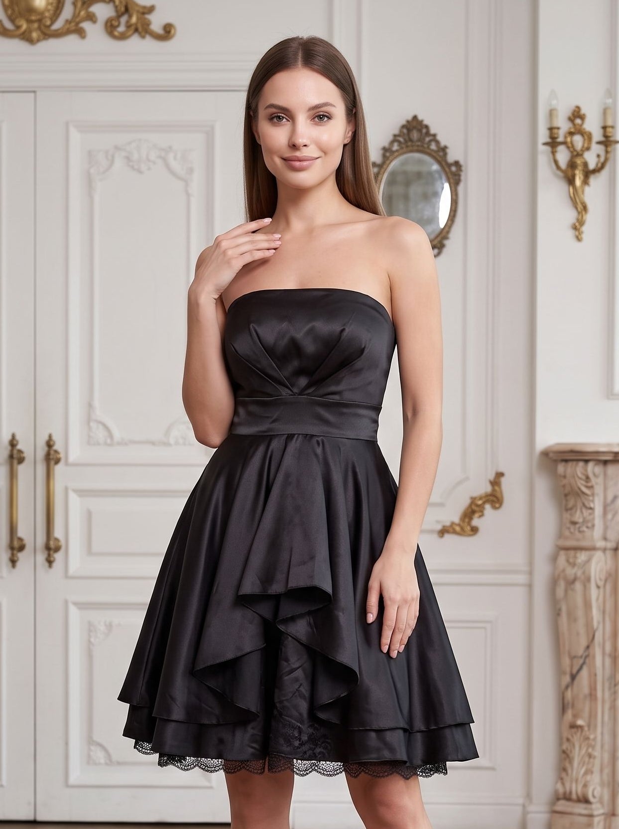 Black Satin A-Line Straight Neck Back Zip Short Dress with Pleating