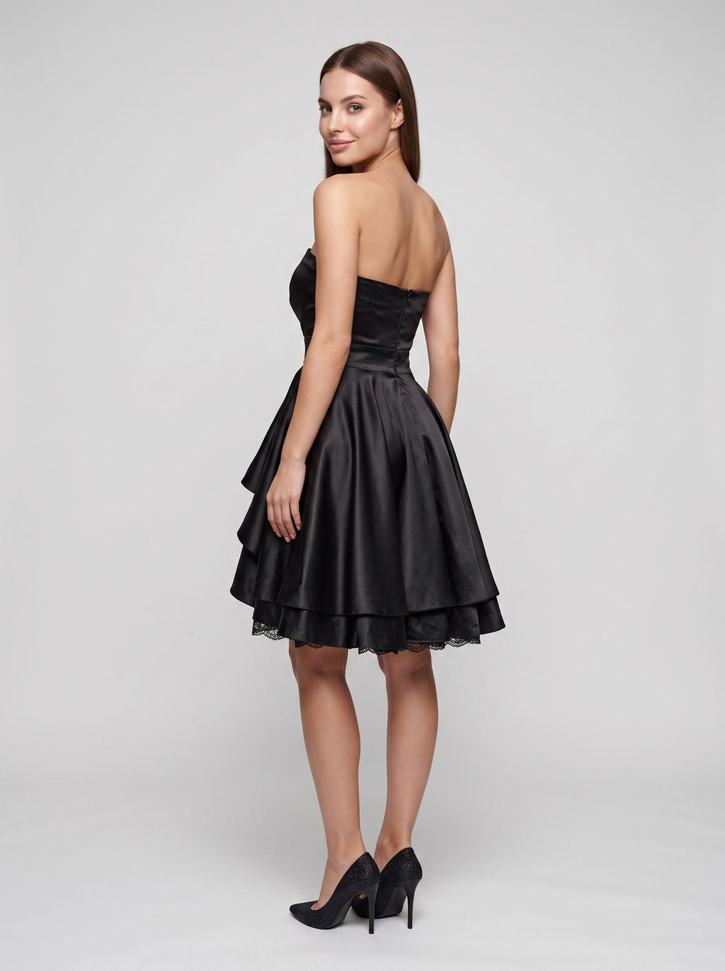 Black Satin A-Line Straight Neck Back Zip Short Dress with Pleating