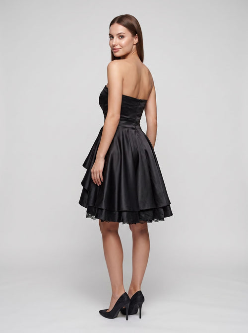 Black Satin A-Line Straight Neck Back Zip Short Dress with Pleating
