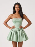 Dusty Sage Satin A-Line Straight Neck Back Zip Short Dress with a Waist Bow