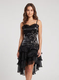 Black Satin A-Line Sweetheart Backless Short Dress with Cascading Ruffles