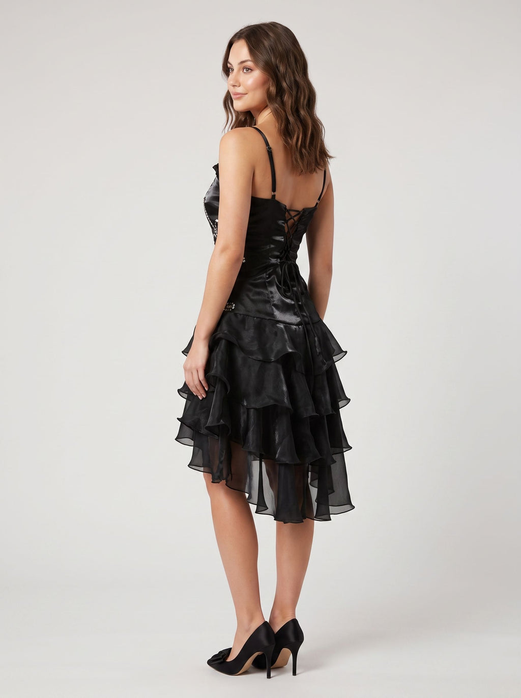 Black Satin A-Line Sweetheart Backless Short Dress with Cascading Ruffles
