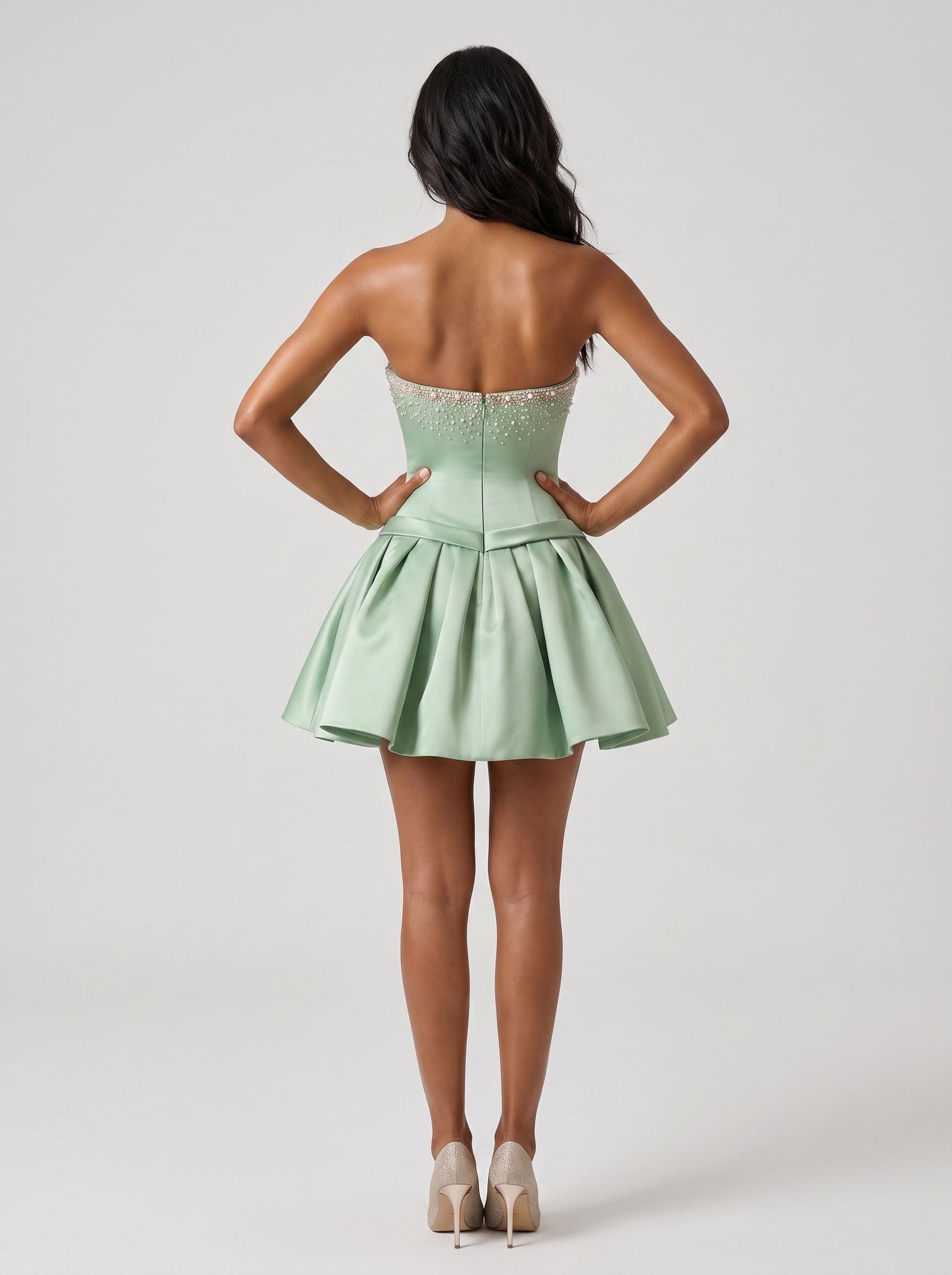 Dusty Sage Satin A-Line Straight Neck Back Zip Short Dress with a Waist Bow