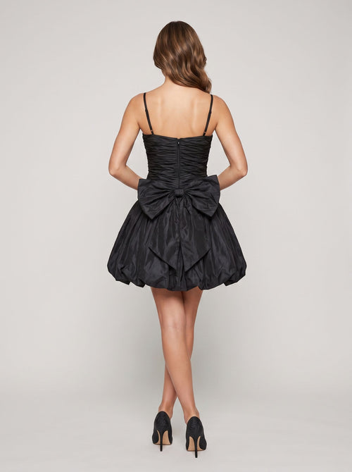 Black Matte Satin A-Line V-Neck Back Zip Short Dress with Pleating