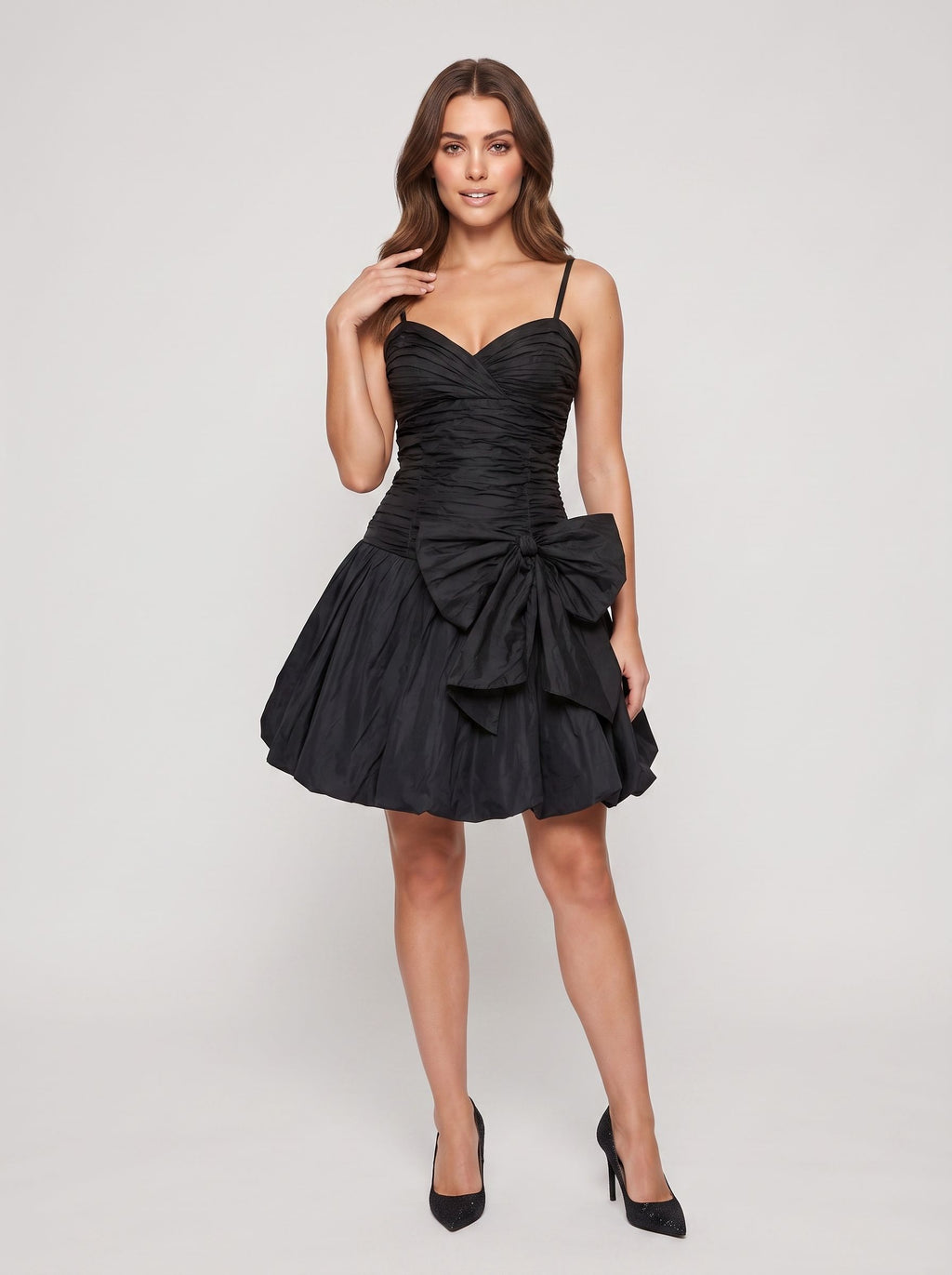 Black Matte Satin A-Line V-Neck Back Zip Short Dress with Pleating