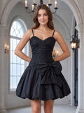 Black Matte Satin A-Line V-Neck Back Zip Short Dress with Pleating