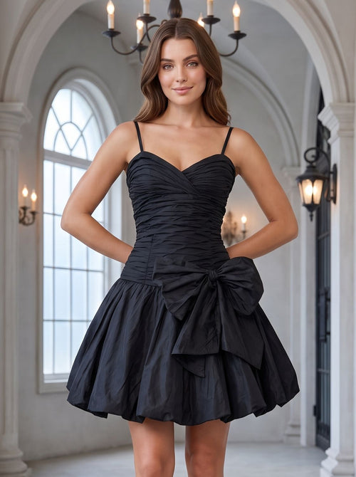Black Matte Satin A-Line V-Neck Back Zip Short Dress with Pleating