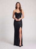 Black Sequins Mermaid Sweetheart Back Zip Floor-Length Dress with Thigh-High Slit