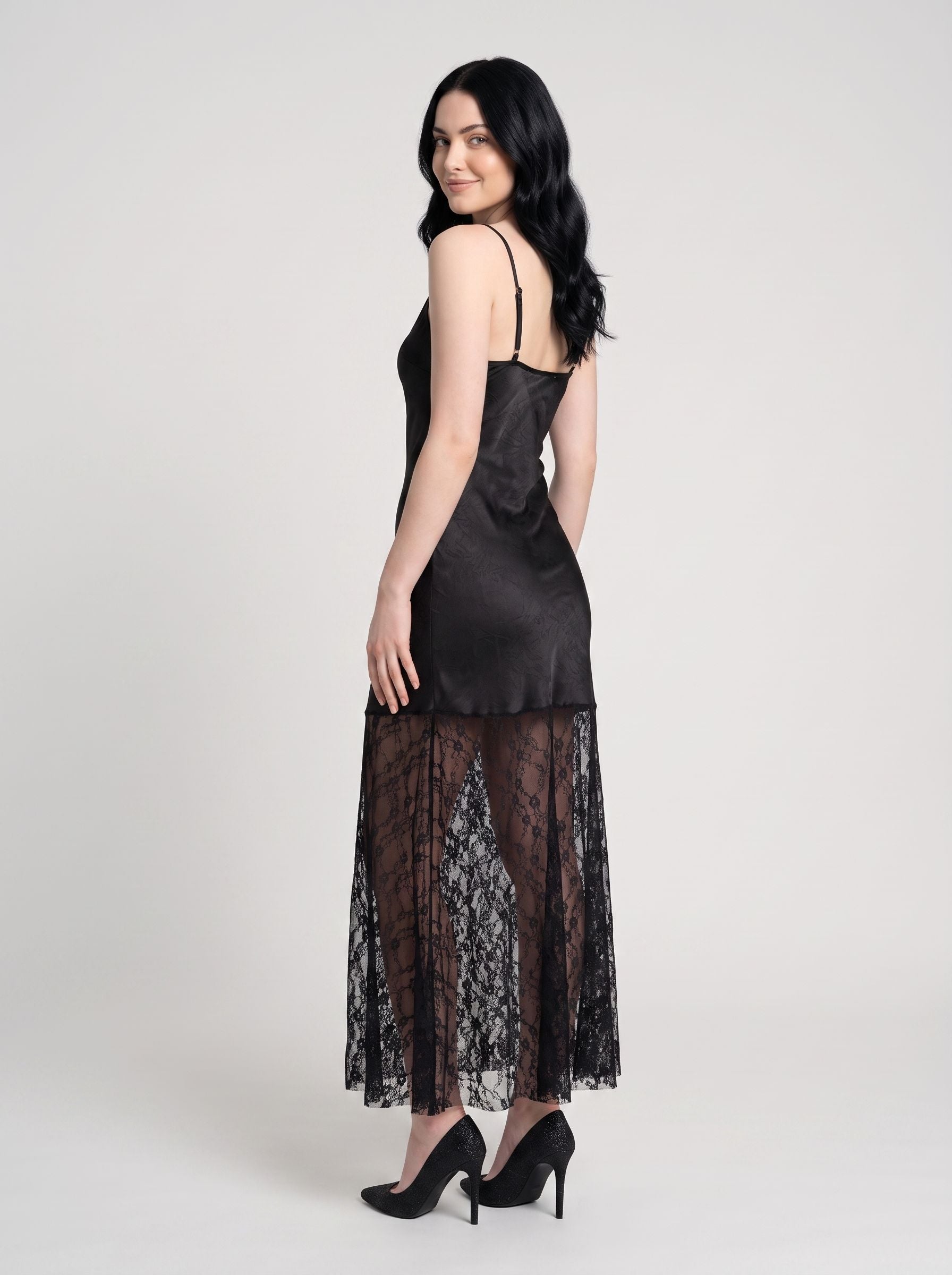 Black Satin A-Line V-Neck Backless Floor-Length Dress with contrast lace trim