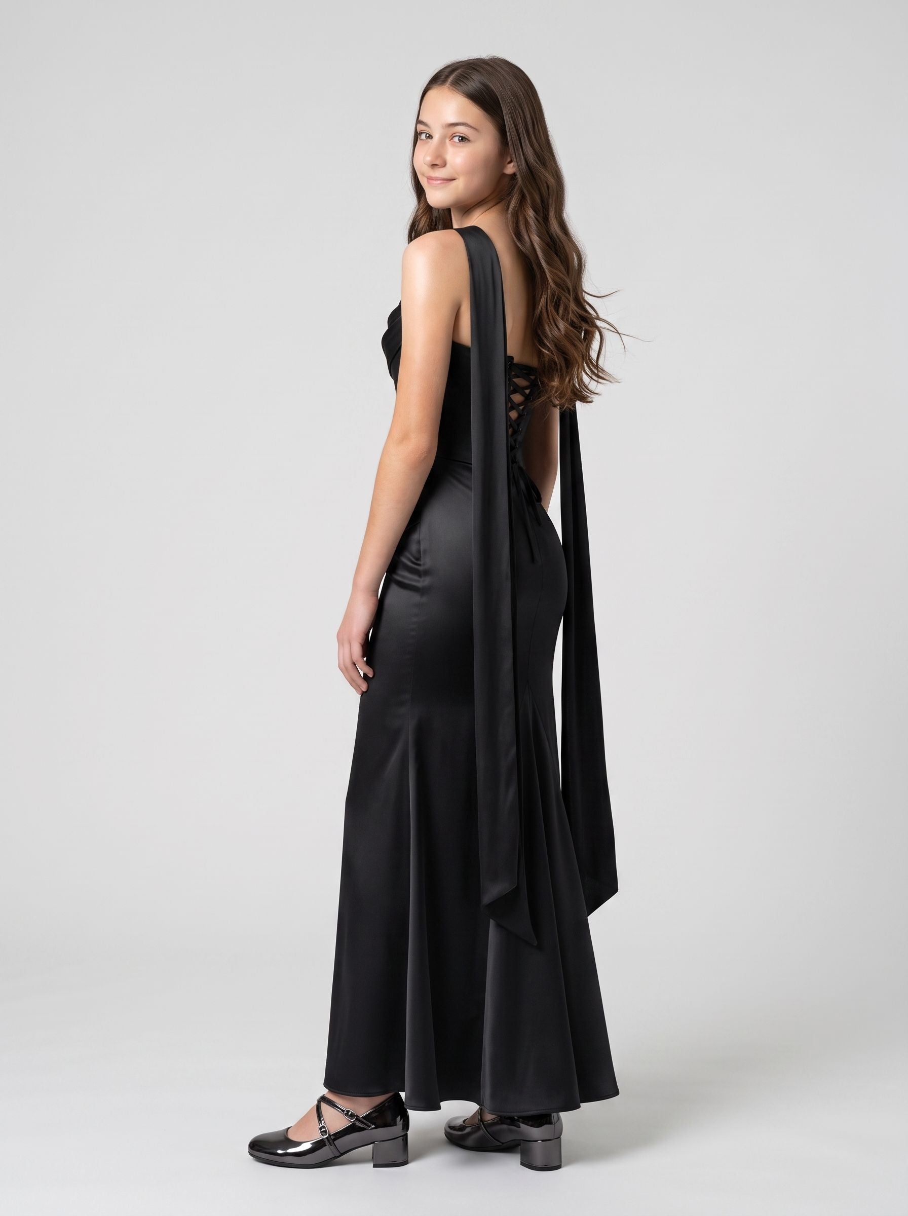Black Satin Mermaid Sweetheart Back Zip Floor-Length Dress with Ruching