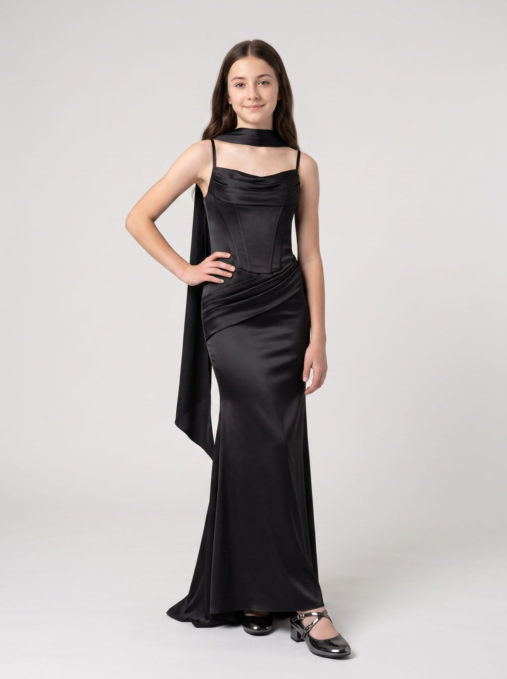 Black Satin Mermaid Sweetheart Back Zip Floor-Length Dress with Ruching