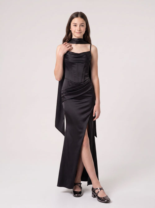 Black Satin Mermaid Sweetheart Back Zip Floor-Length Dress with Ruching