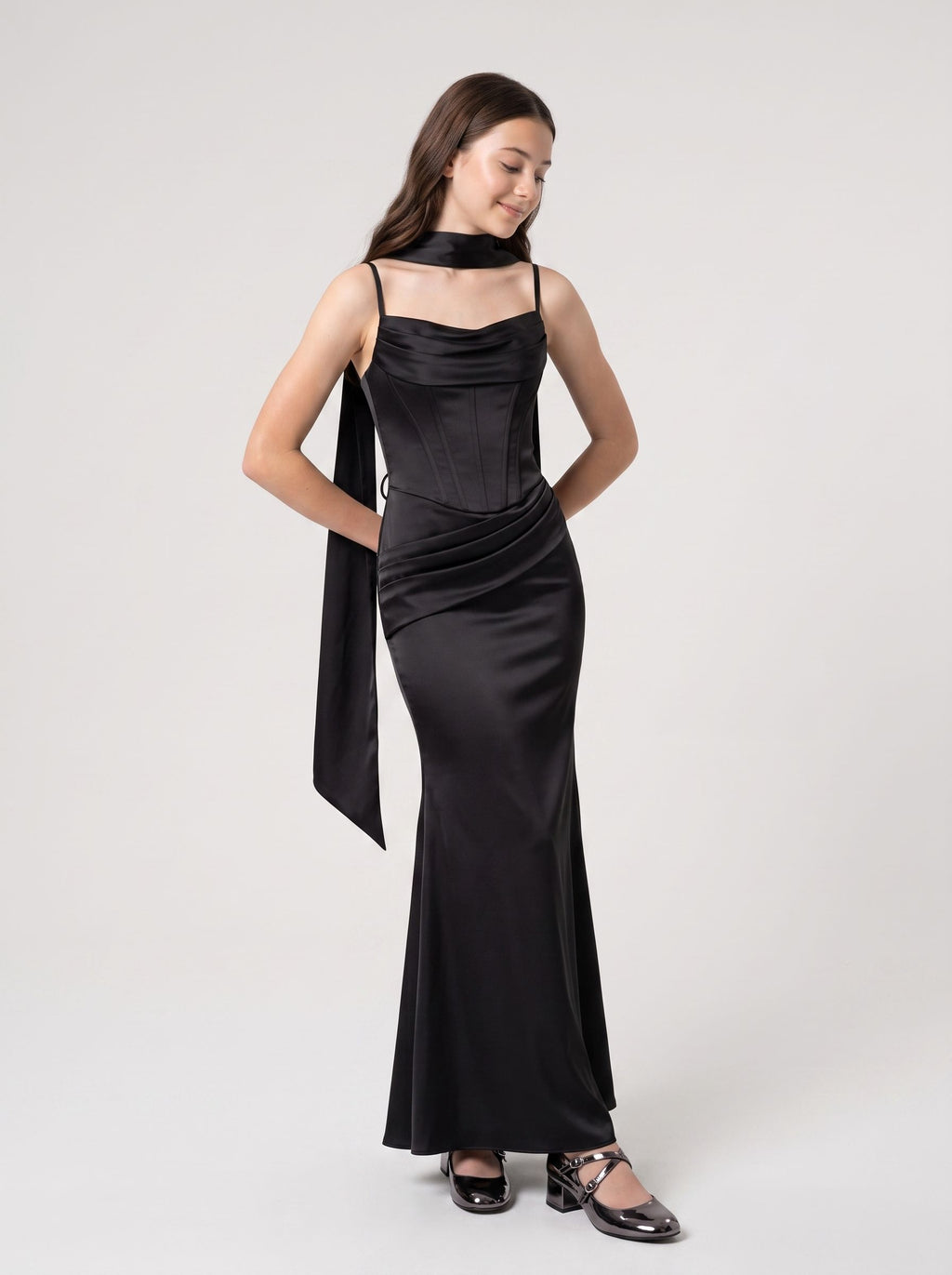 Black Satin Mermaid Sweetheart Back Zip Floor-Length Dress with Ruching