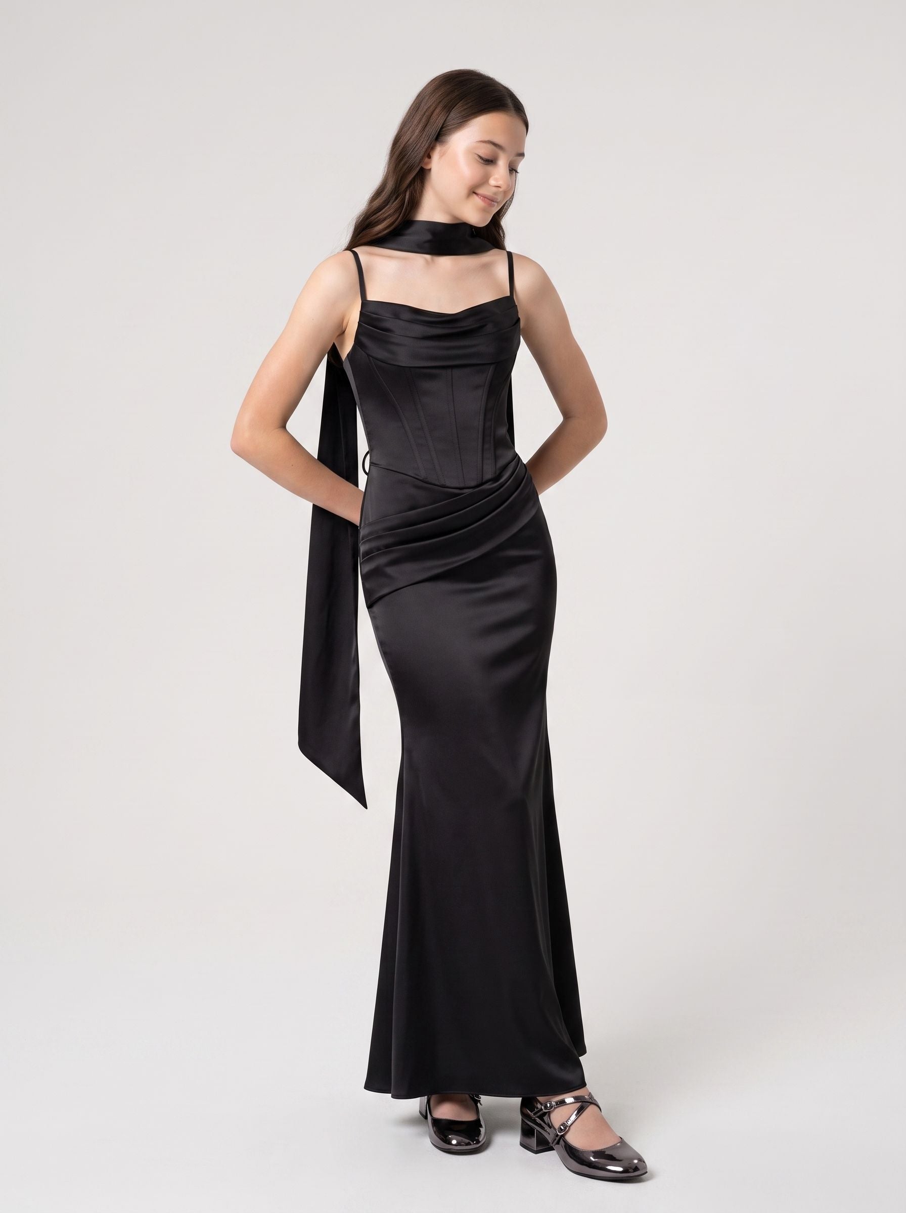 Black Satin Mermaid Sweetheart Back Zip Floor-Length Dress with Ruching