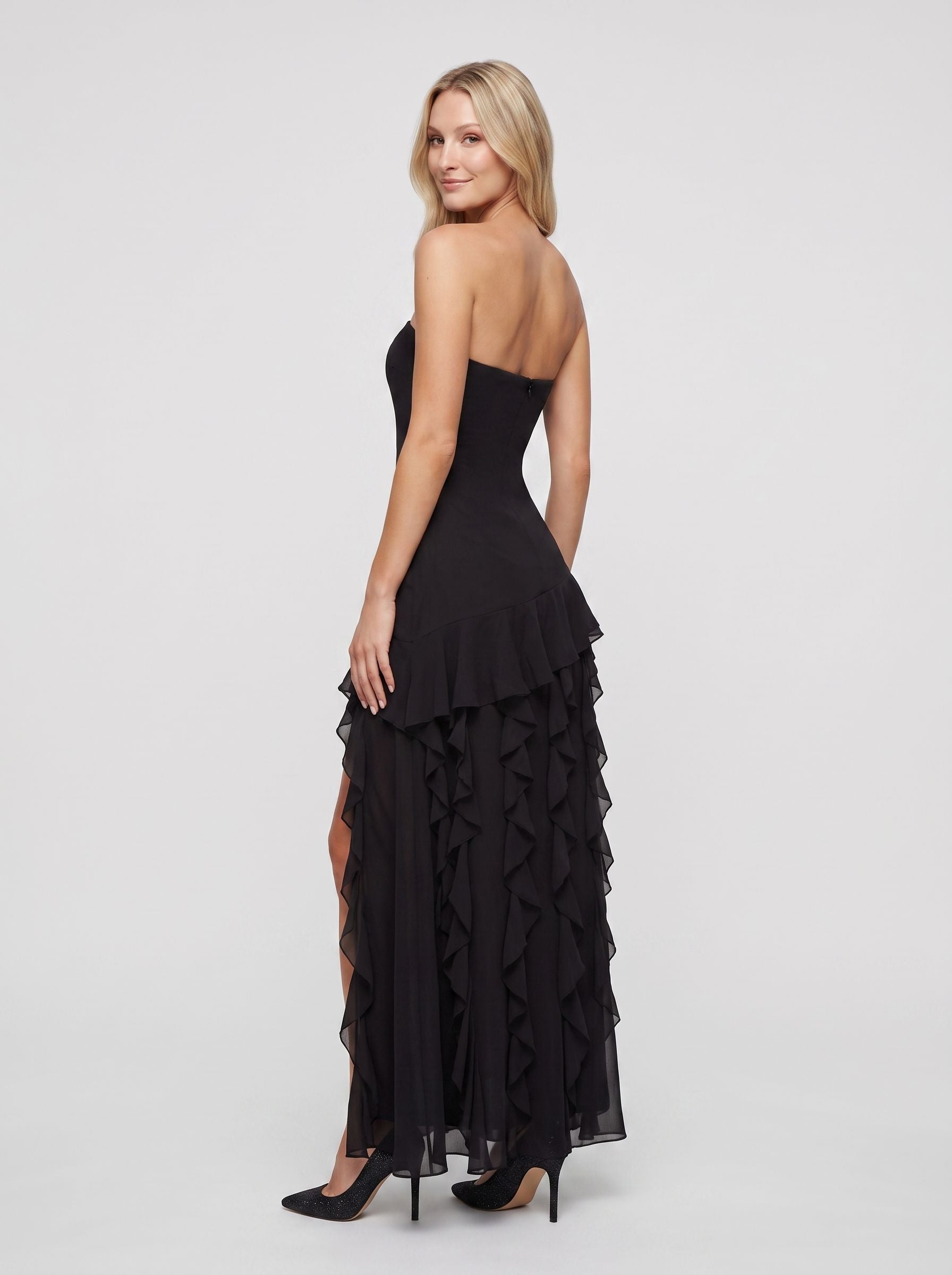 Black Chiffon Mermaid Straight Neck Back Zip Floor-Length Dress with Cascading Ruffles