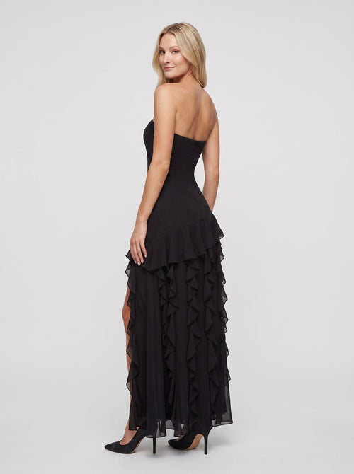 Black Chiffon Mermaid Straight Neck Back Zip Floor-Length Dress with Cascading Ruffles