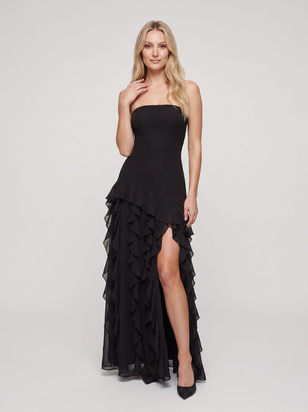 Black Chiffon Mermaid Straight Neck Back Zip Floor-Length Dress with Cascading Ruffles