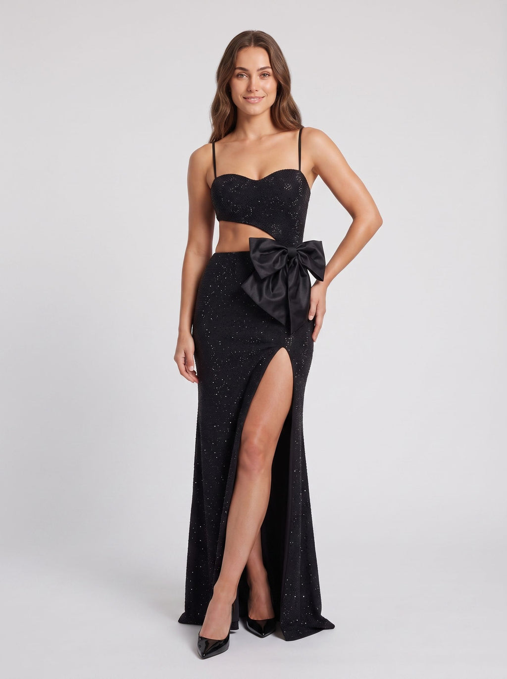 Black Satin Mermaid Square Neck Back Zip Floor-Length Dress with Cutout Waist