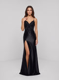 Black Satin & Sequin Lace column V-Neck Lace-up Floor-Length Dress with Side Slit