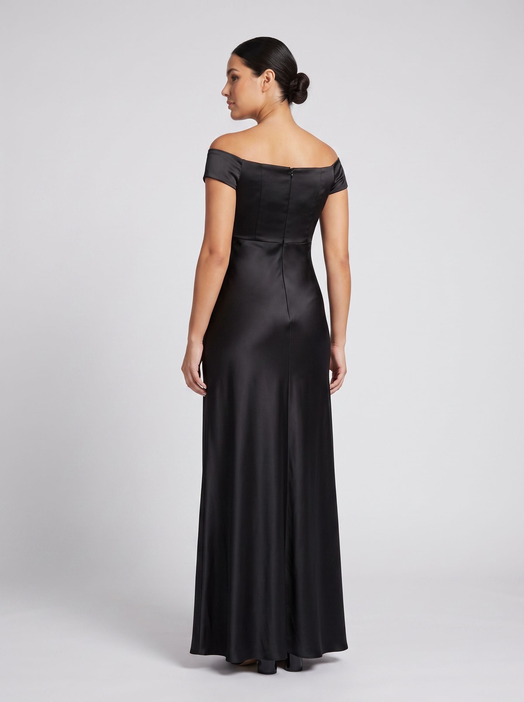 Black Satin column Off-the-Shoulder Back Zip Floor-Length Dress with Sweetheart Detail