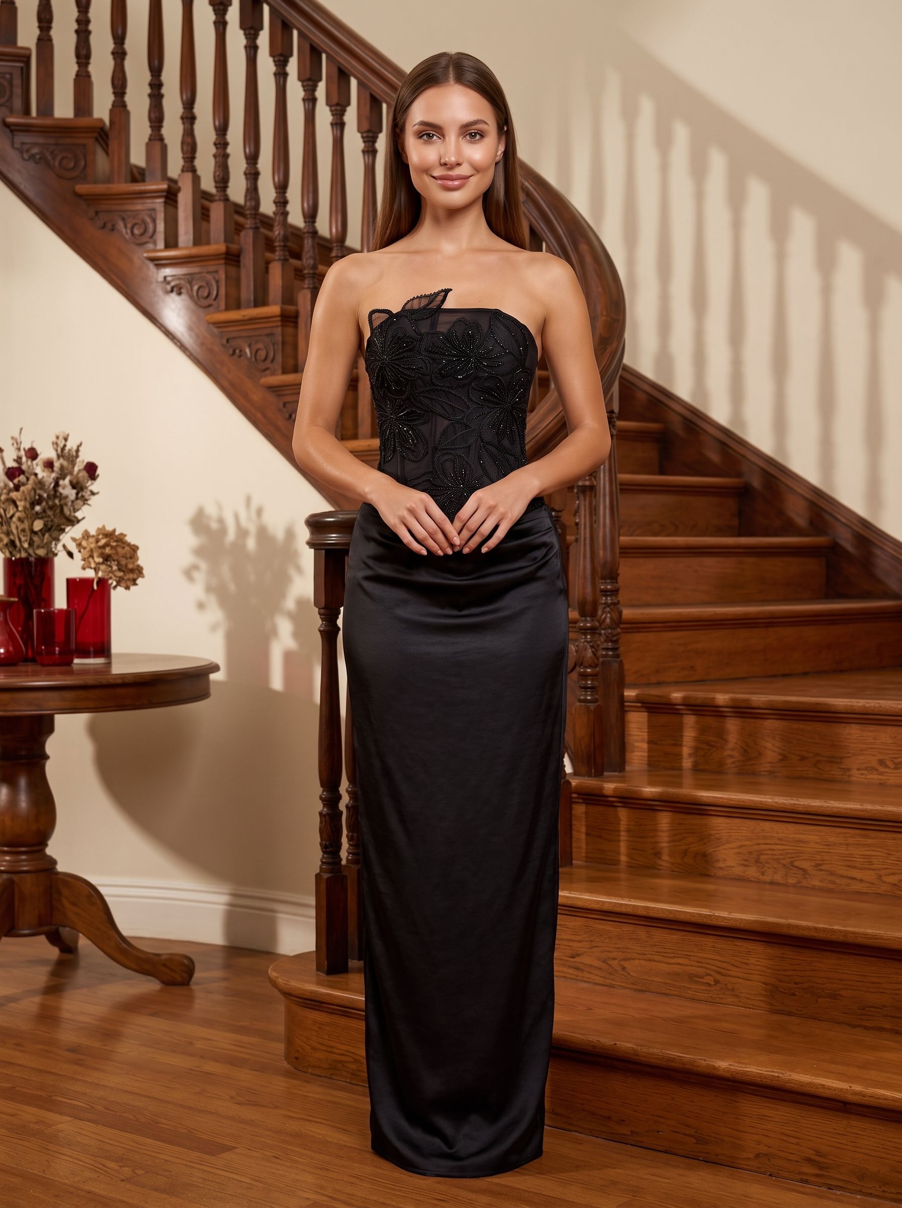 Black Satin Sheath Straight Neck Floor-Length Dress with Floral Applique and Slit