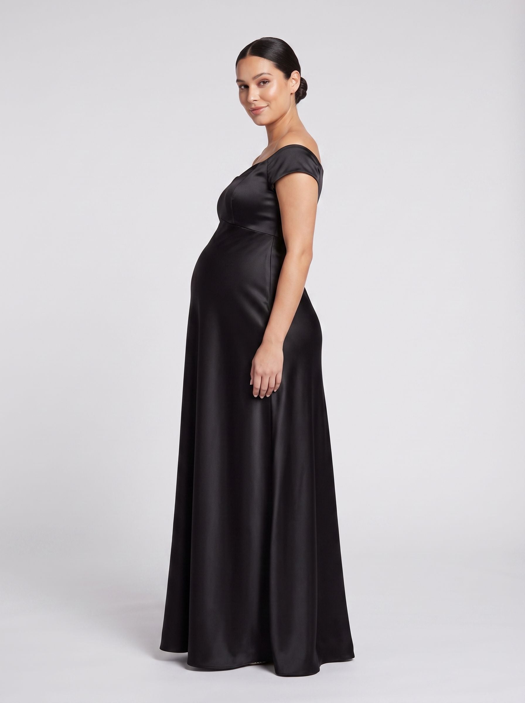 Black Satin column Off-the-Shoulder Back Zip Floor-Length Dress with Sweetheart Detail
