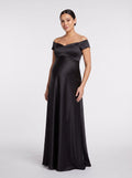Black Satin column Off-the-Shoulder Back Zip Floor-Length Dress with Sweetheart Detail