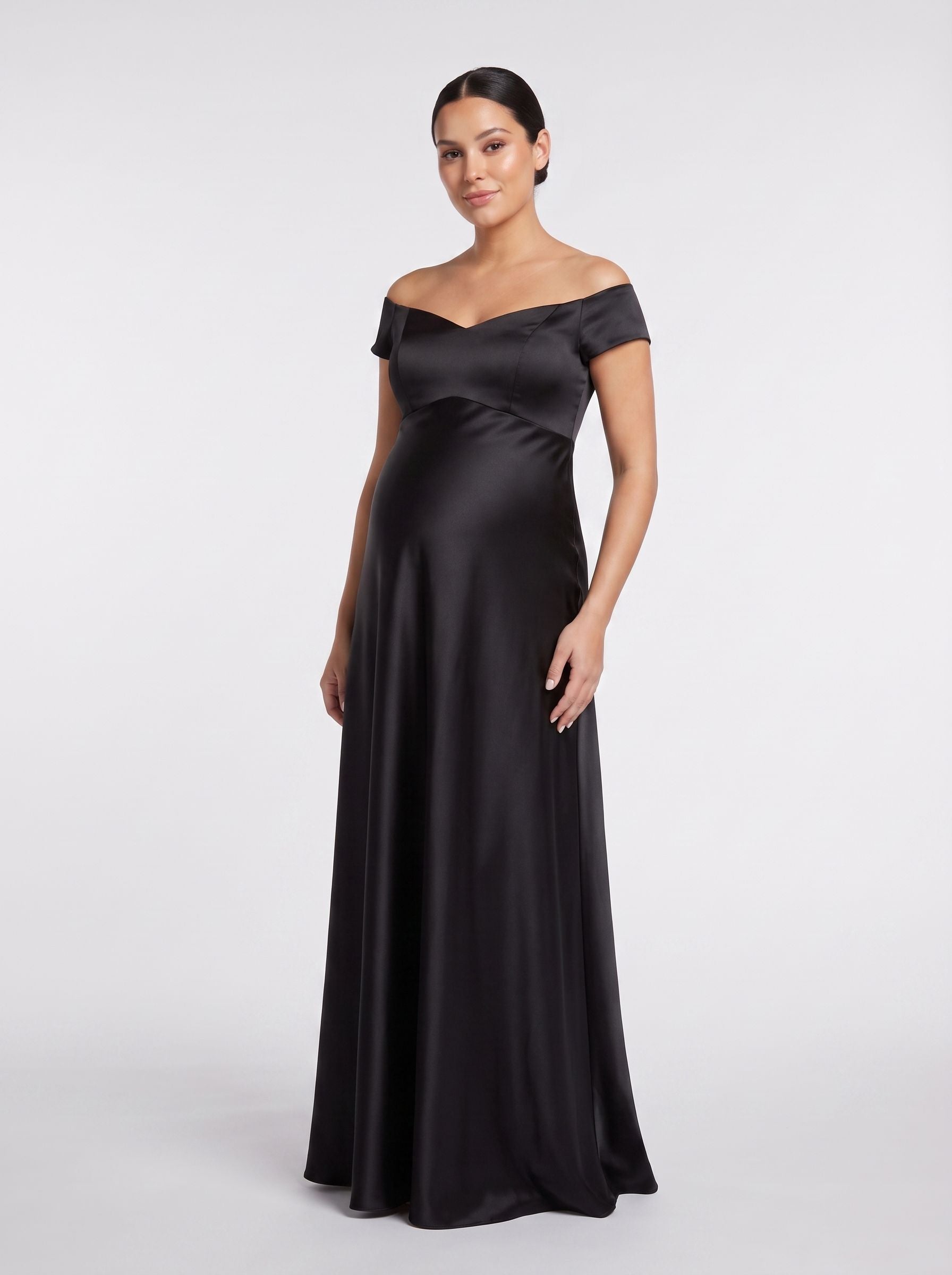 Black Satin column Off-the-Shoulder Back Zip Floor-Length Dress with Sweetheart Detail