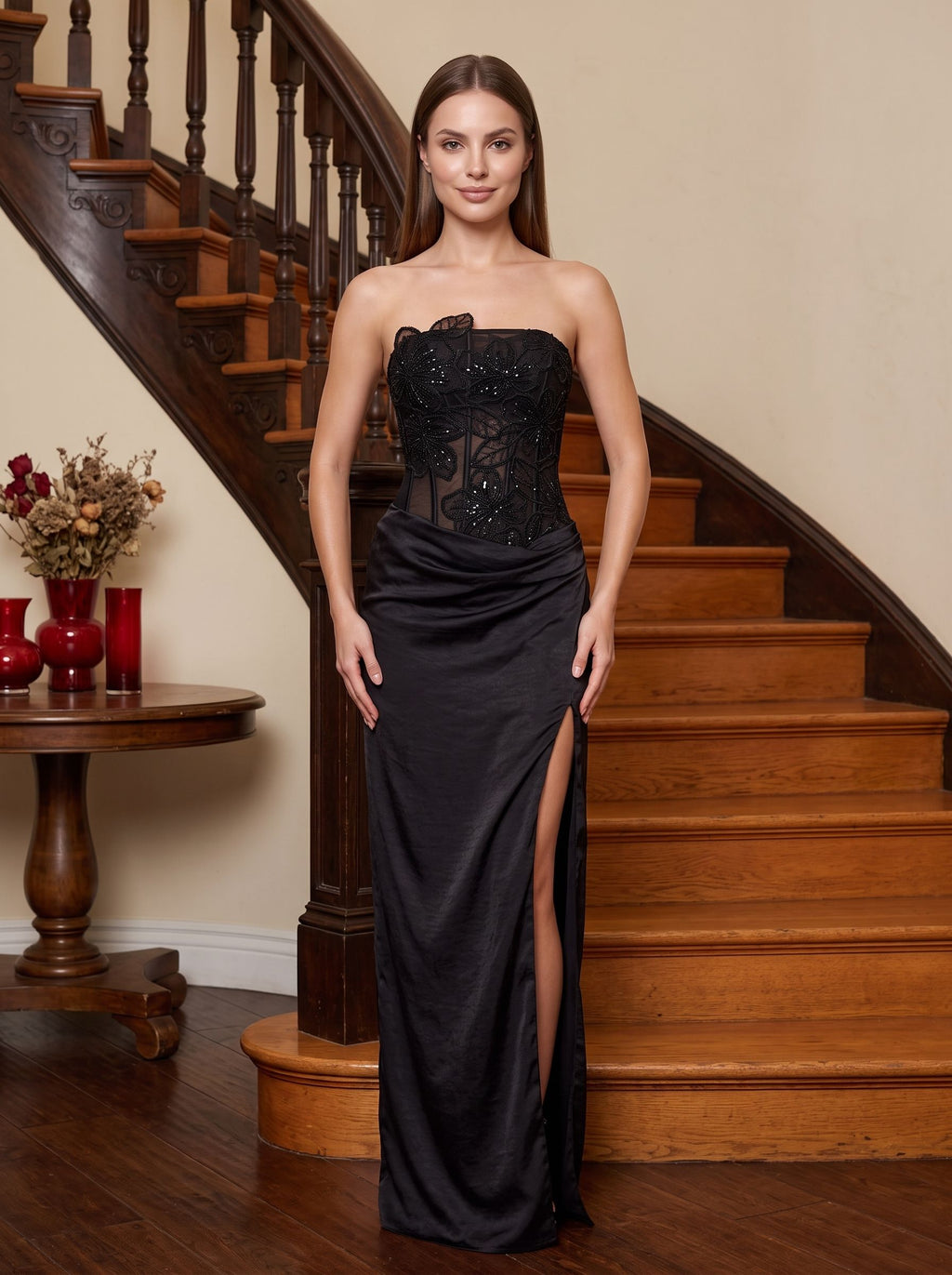 Black Satin Sheath Straight Neck Floor-Length Dress with Floral Applique and Slit