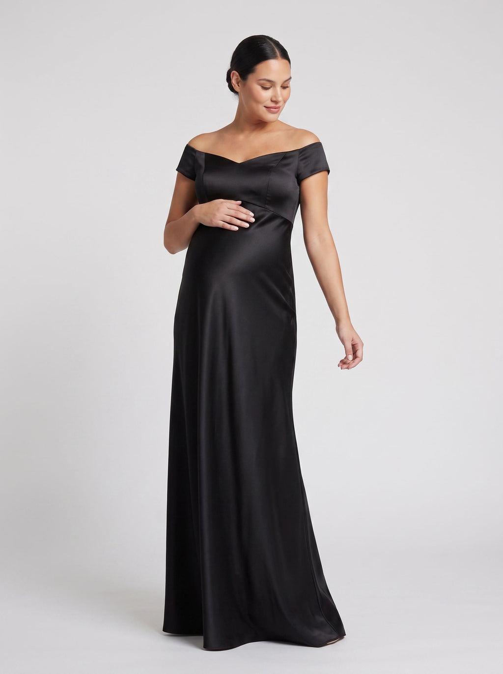 Black Satin column Off-the-Shoulder Back Zip Floor-Length Dress with Sweetheart Detail