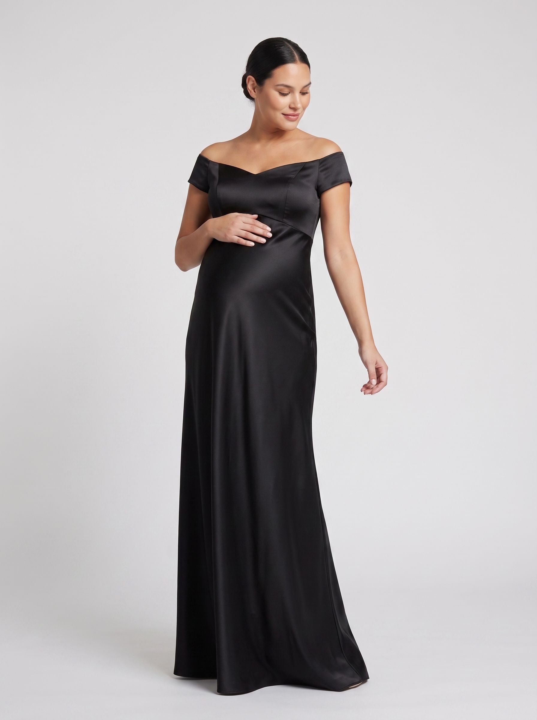 Black Satin column Off-the-Shoulder Back Zip Floor-Length Dress with Sweetheart Detail
