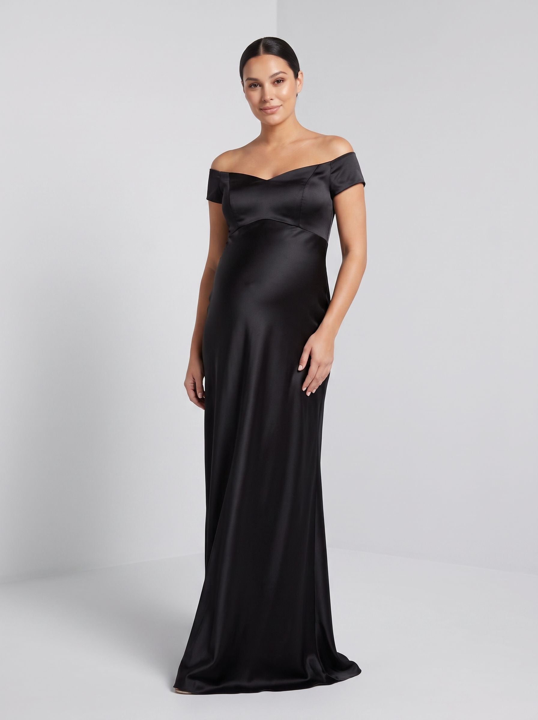 Black Satin column Off-the-Shoulder Back Zip Floor-Length Dress with Sweetheart Detail