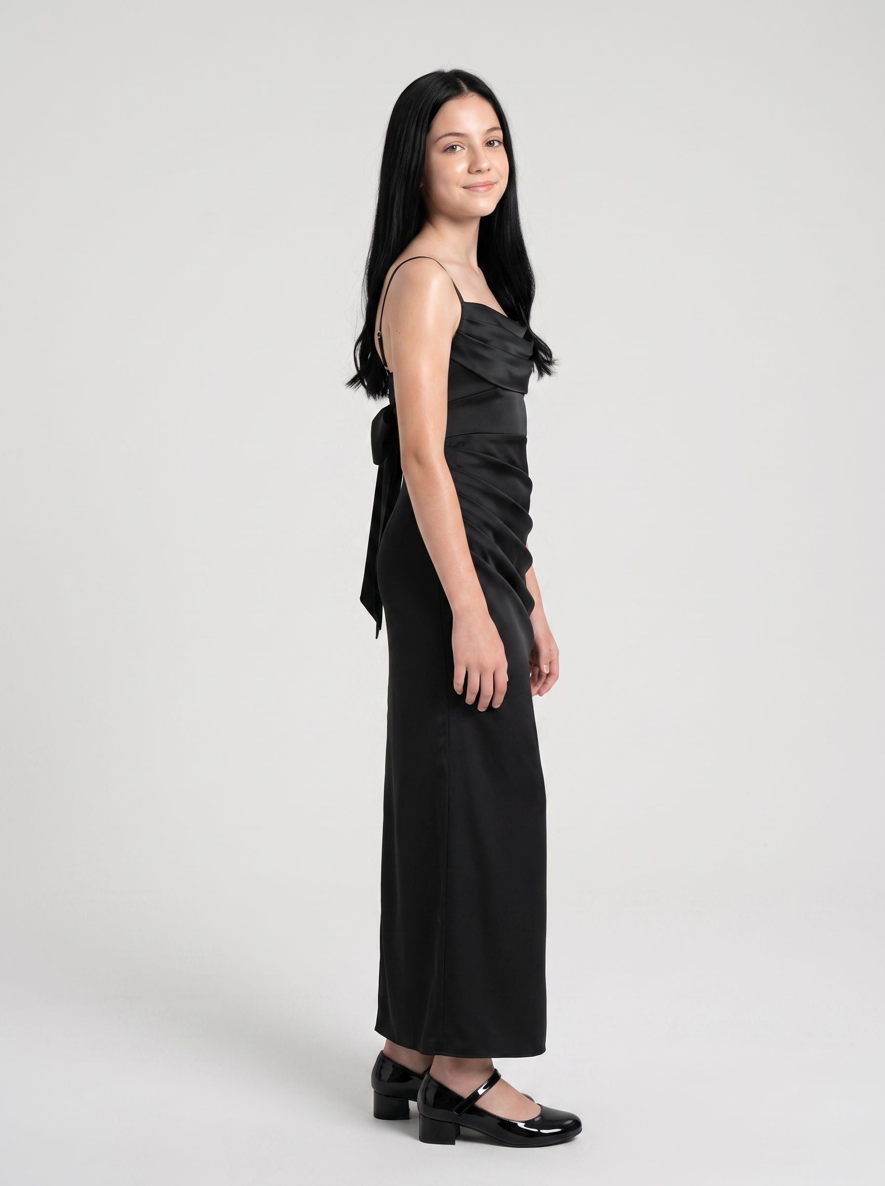 Black Satin Sheath Cowl Neck Back Zip Floor-Length Dress with Pleats
