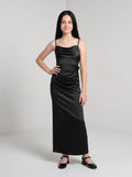 Black Satin Sheath Cowl Neck Back Zip Floor-Length Dress with Pleats