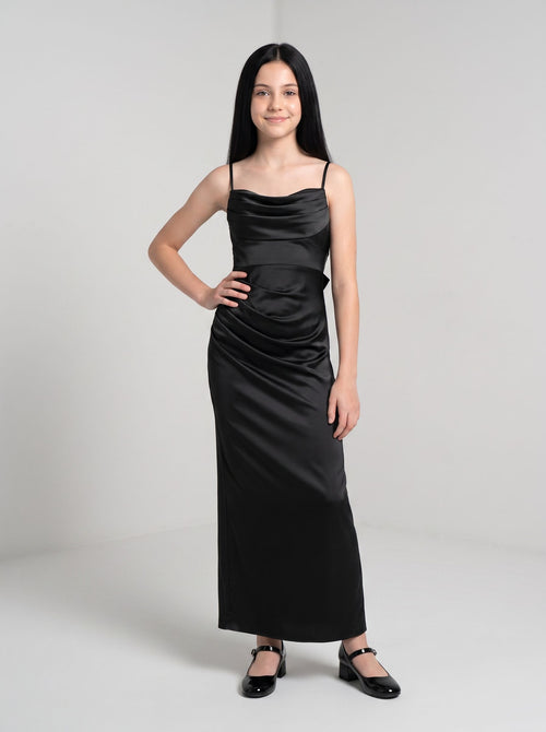 Black Satin Sheath Cowl Neck Back Zip Floor-Length Dress with Pleats