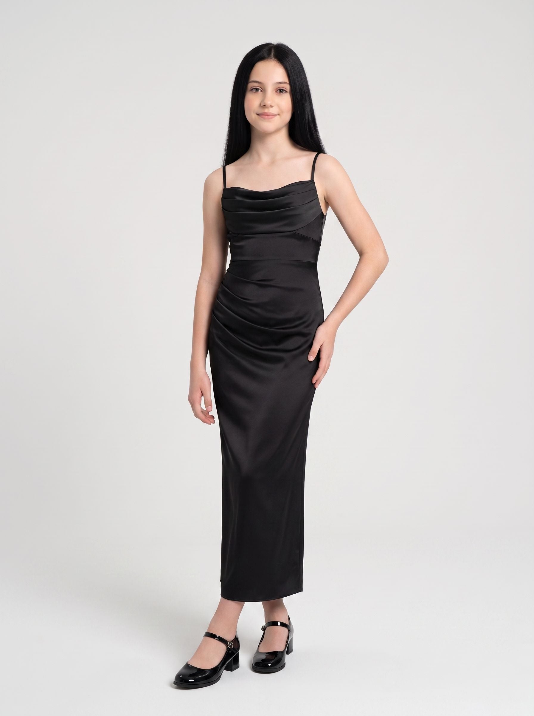Black Satin Sheath Cowl Neck Back Zip Floor-Length Dress with Pleats