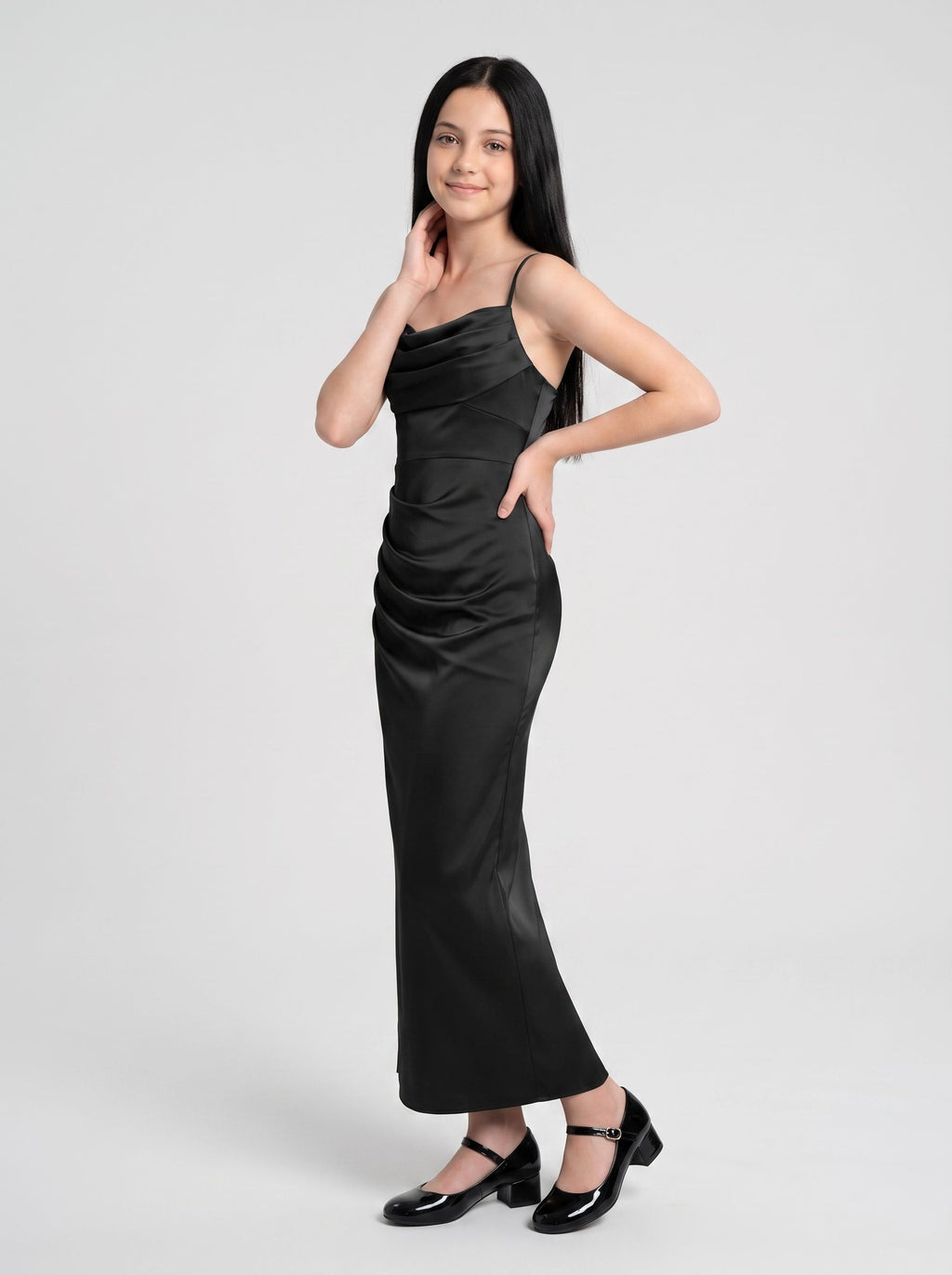Black Satin Sheath Cowl Neck Back Zip Floor-Length Dress with Pleats