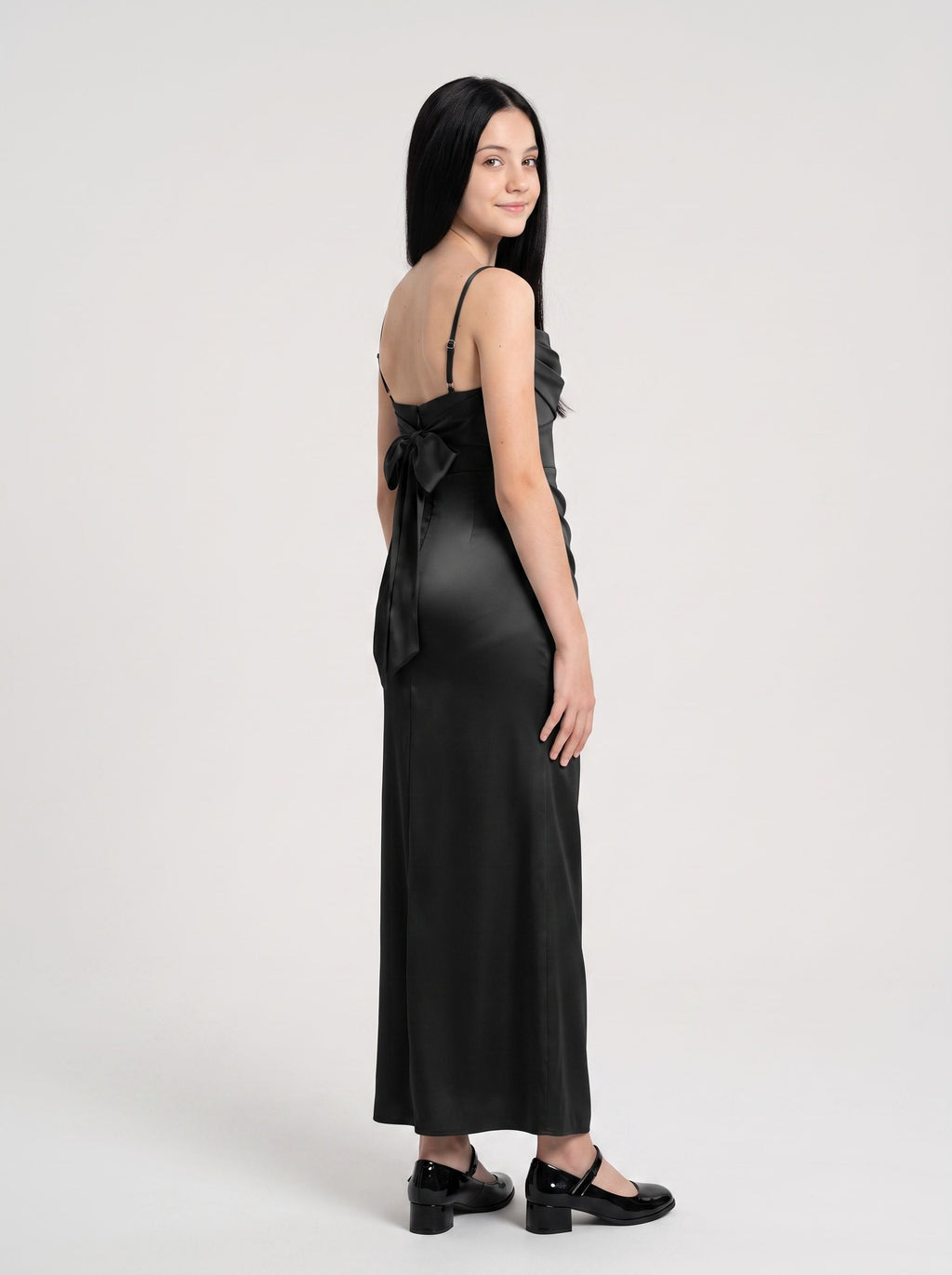 Black Satin Sheath Cowl Neck Back Zip Floor-Length Dress with Pleats