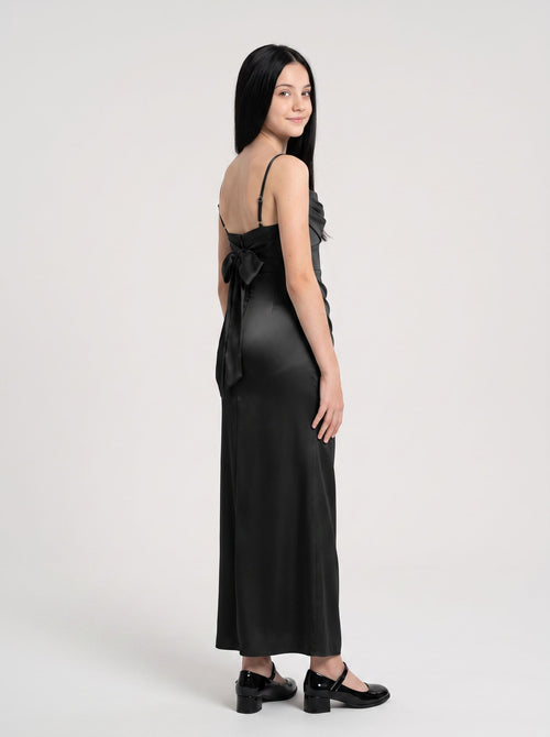 Black Satin Sheath Cowl Neck Back Zip Floor-Length Dress with Pleats