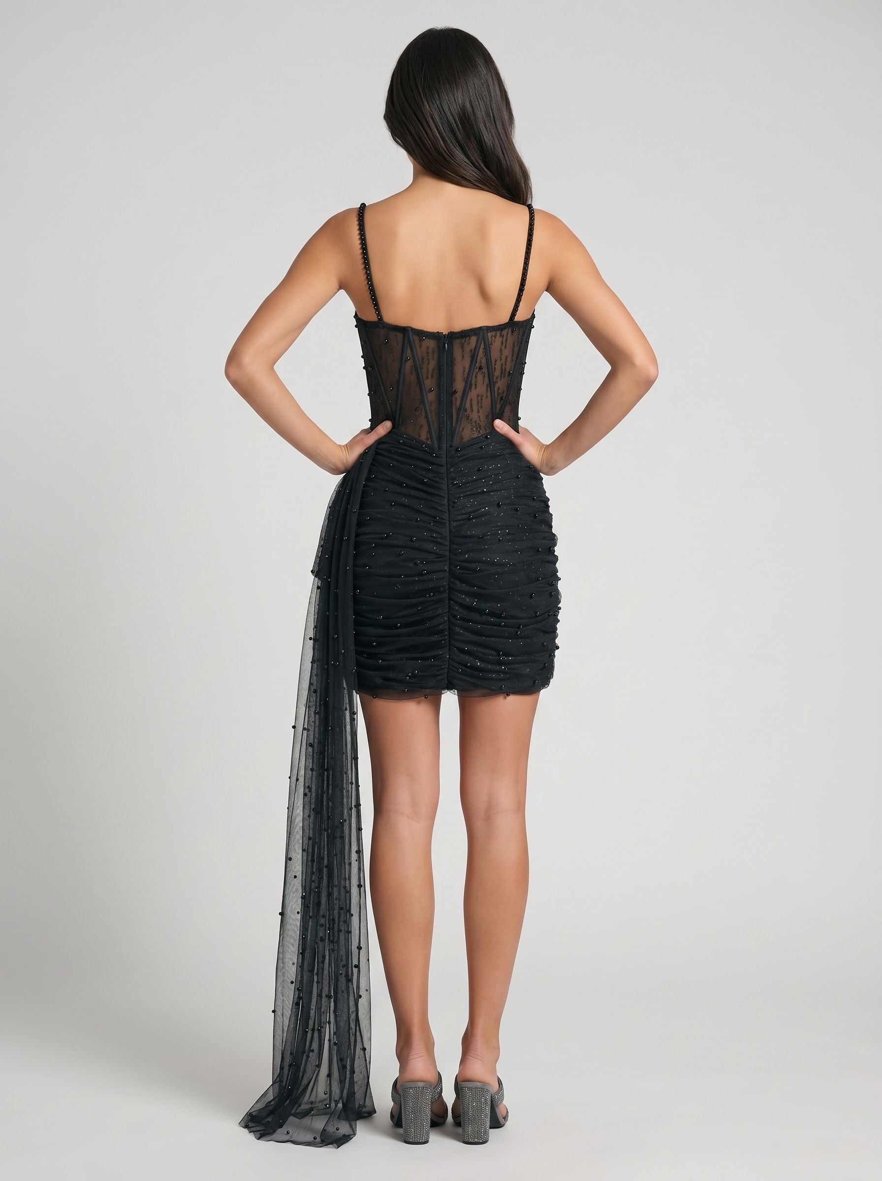 Black Tulle Sheath Sweetheart Corset Back Short Dress with Pearls