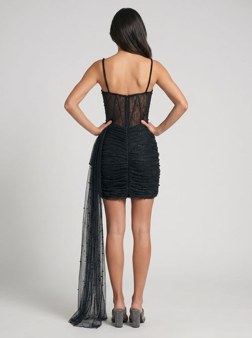 Black Tulle Sheath Sweetheart Corset Back Short Dress with Pearls