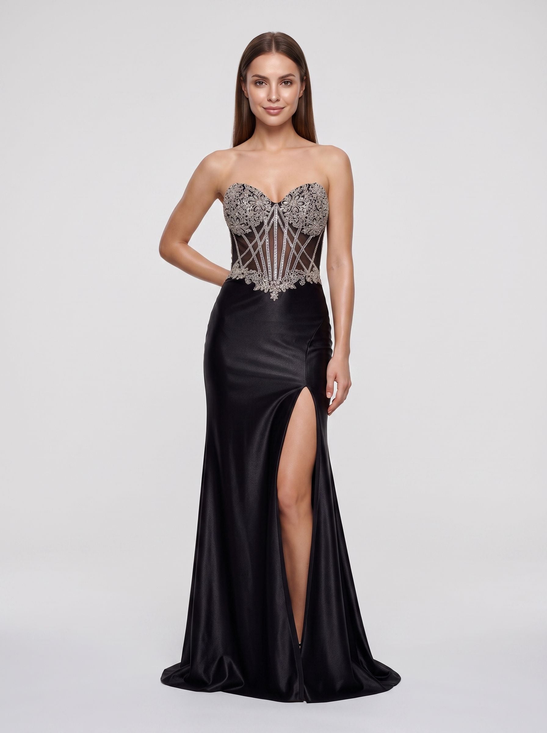 Black Satin Mermaid Sweetheart Lace-up Floor-Length Dress with Crystal-Beaded Sheer Corset