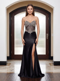 Black Satin Mermaid Sweetheart Lace-up Floor-Length Dress with Crystal-Beaded Sheer Corset