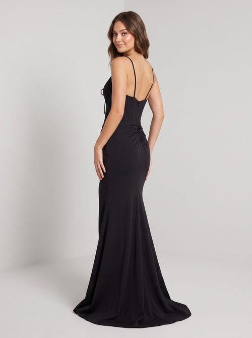 Black Stretch Knit Sheath V-Neck Corset Back Floor-Length Dress with Contrasting Front Bow