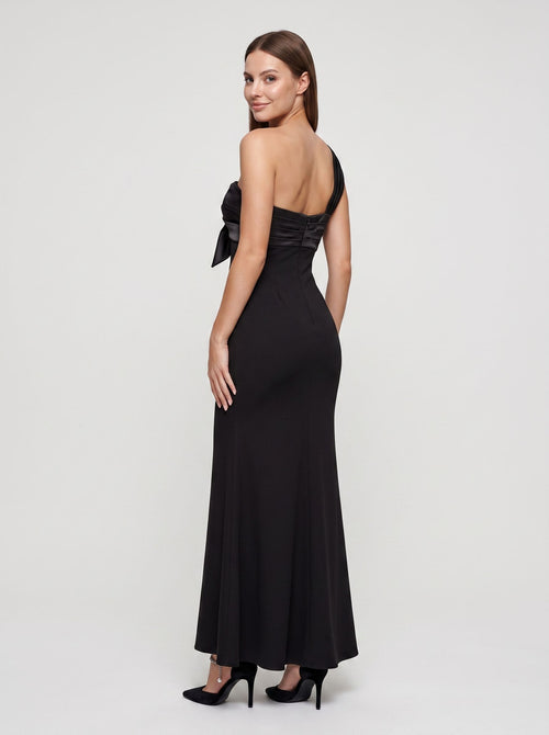 Black Satin Trumpet One Shoulder Back Zip Floor-Length Dress with Pleated Bodice